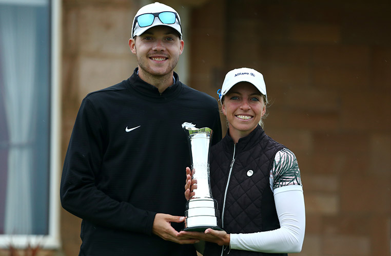 TROON, SCOTLAND – AUGUST 23: Sophia Popov Of Germany (R) And Boyfriend/Caddie Maximilian Mehles Pose With The Trophy Following The Final Round During Day Four Of The 2020 AIG Women’s Open At Royal Troon On August 23, 2020 In Troon, Scotland. (Photo By R&A – Handout/R&A Via Getty Images)