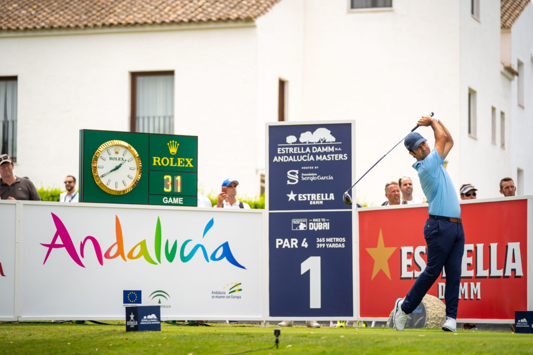 Jorge Campillo tees off at Real Club Valderrama's first hole (credit © Real Club Valderrama)