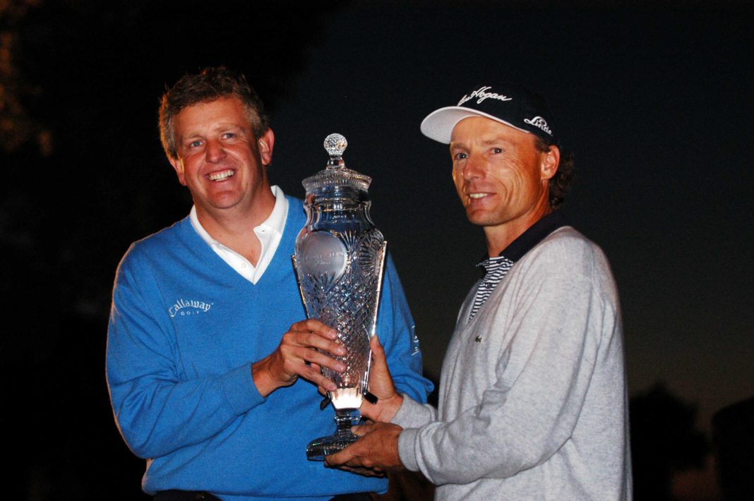 Bernhard Langer and Colin Montgomerie shared the 2002 Volvo Masters trophy (credit © Getty Images)