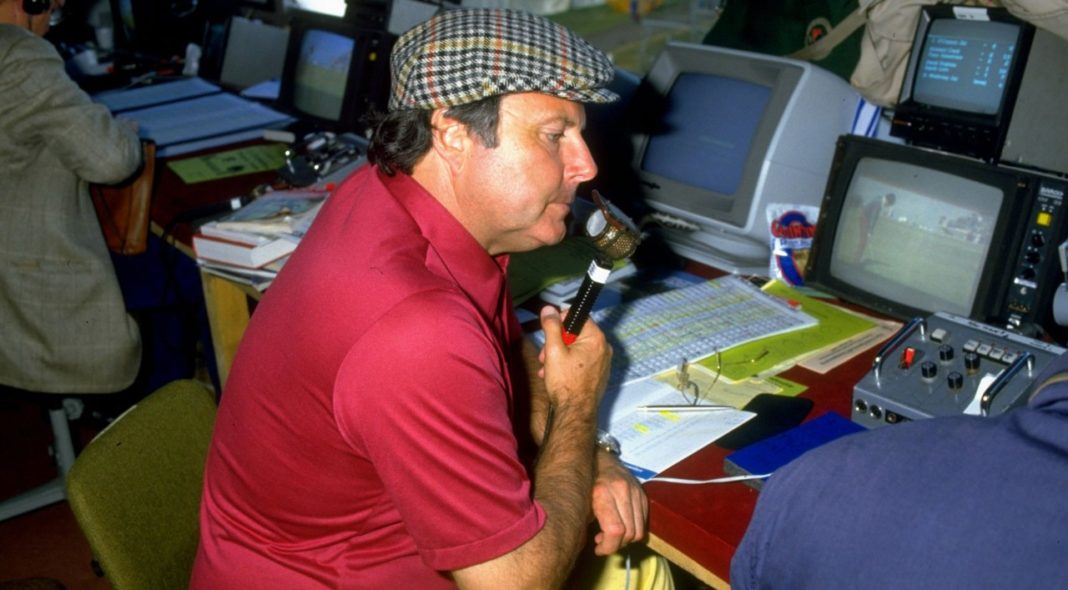 Peter Alliss commentating at the Open Championship at the Royal St. Georges Golf Club in 1985. (David Cannon Allsport)