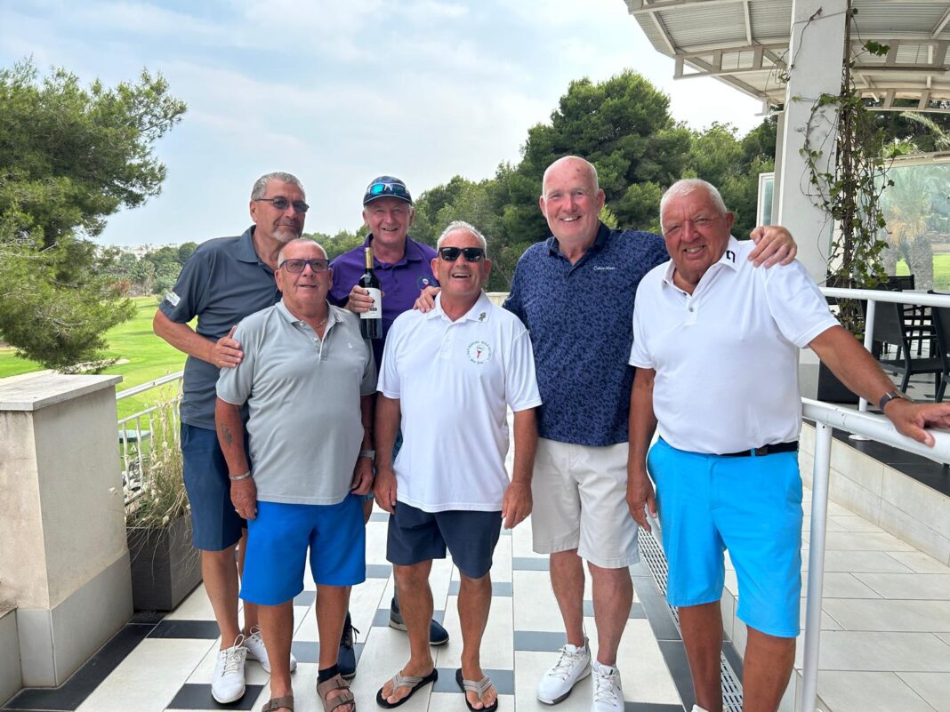 VM 4 June 2025 winners photo L-R: Nick Goodwin (Bronze), Tony “PBomber” Smale, Dave Blinston and his wine, Lee Eastman (Captain), Phil de Lacy (Silver) and Barry “BTB” Roehrig (Gold).