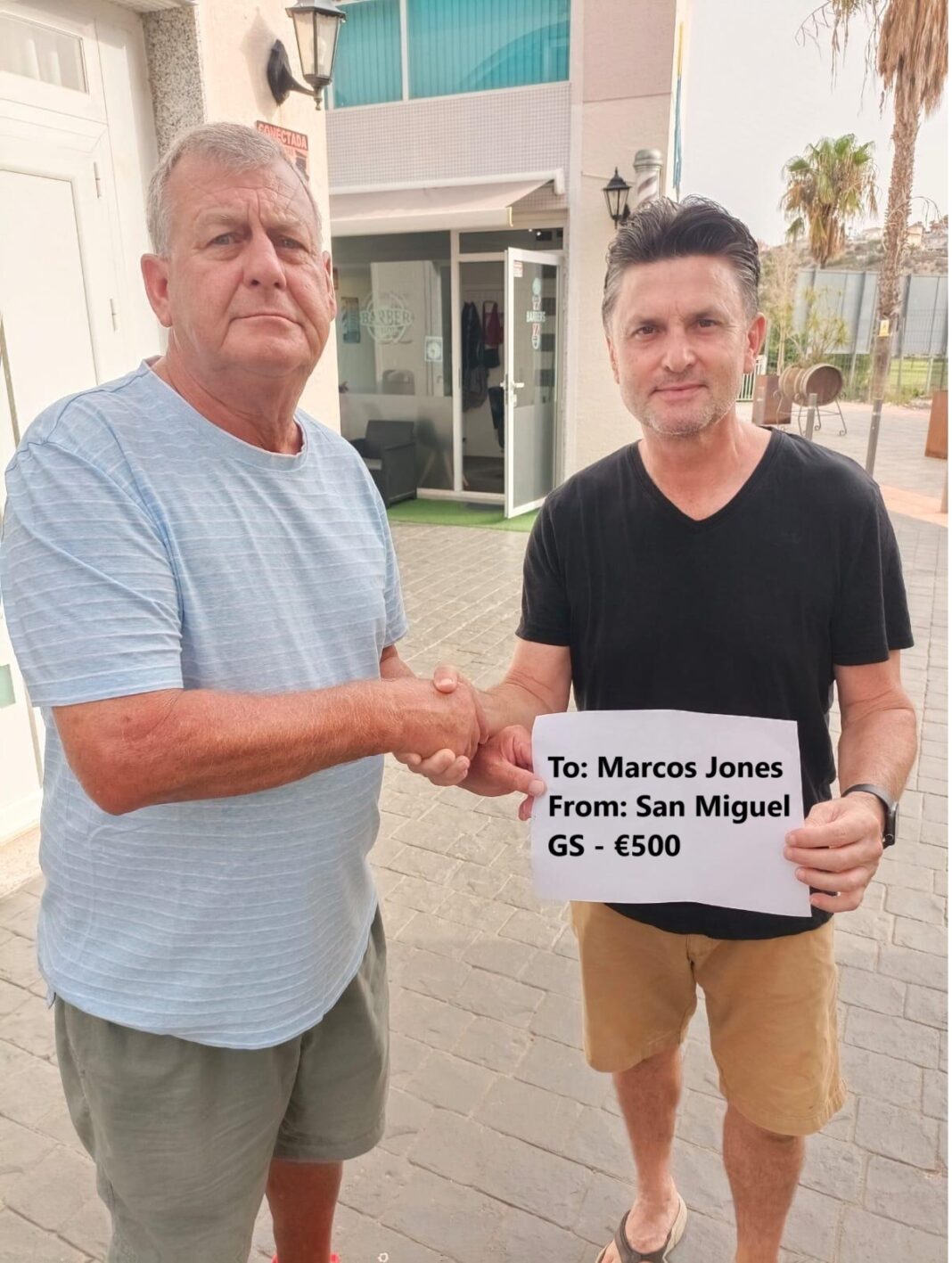 Marcos Jones The Society have made a donation of €500 to Darren Jones “Darren the Barber” of Quesada (pictured below), the father of Marcos Jones, whom we mentioned last week, who had an horrific car accident very recently which has left him with life-changing injuries.